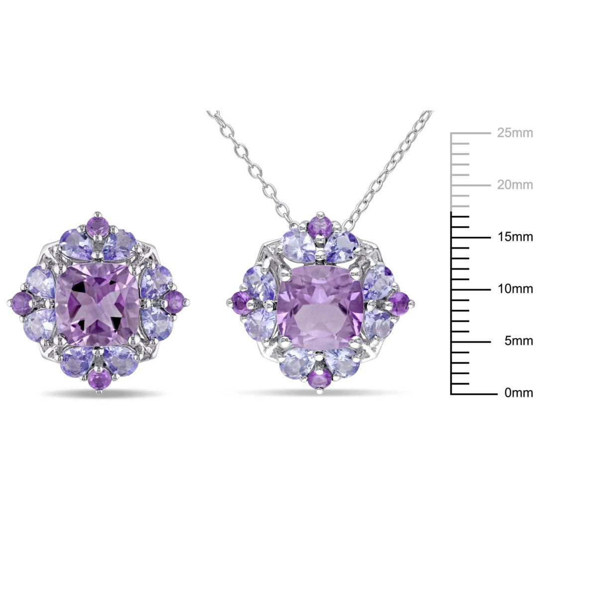 2-Pc Set of Amethyst & Tanzanite Cluster Earrings & Pendant with Chain in Sterling Silver