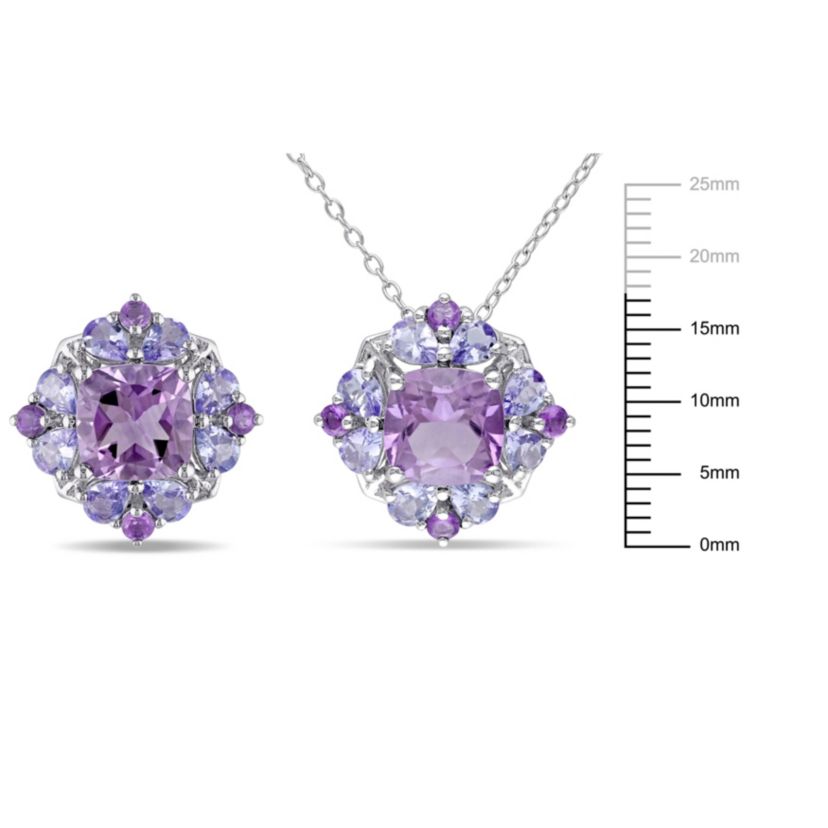 2-Pc Set of Amethyst & Tanzanite Cluster Earrings & Pendant with Chain in Sterling Silver