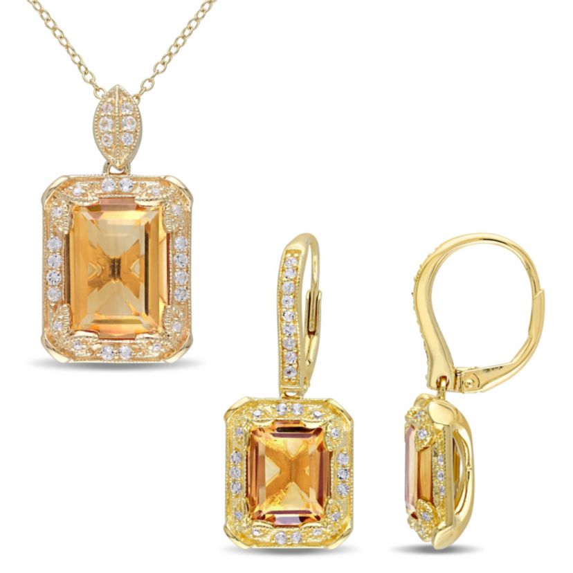 2-Pc Set of Citrine and White Topaz with 1/7 ct. t.w. Diamond Halo Earrings and Pendant with Chain in Yellow Plated Sterling Silver
