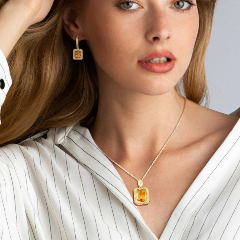 2-Pc Set of Citrine and White Topaz with 1/7 ct. t.w. Diamond Halo Earrings and Pendant with Chain in Yellow Plated Sterling Silver
