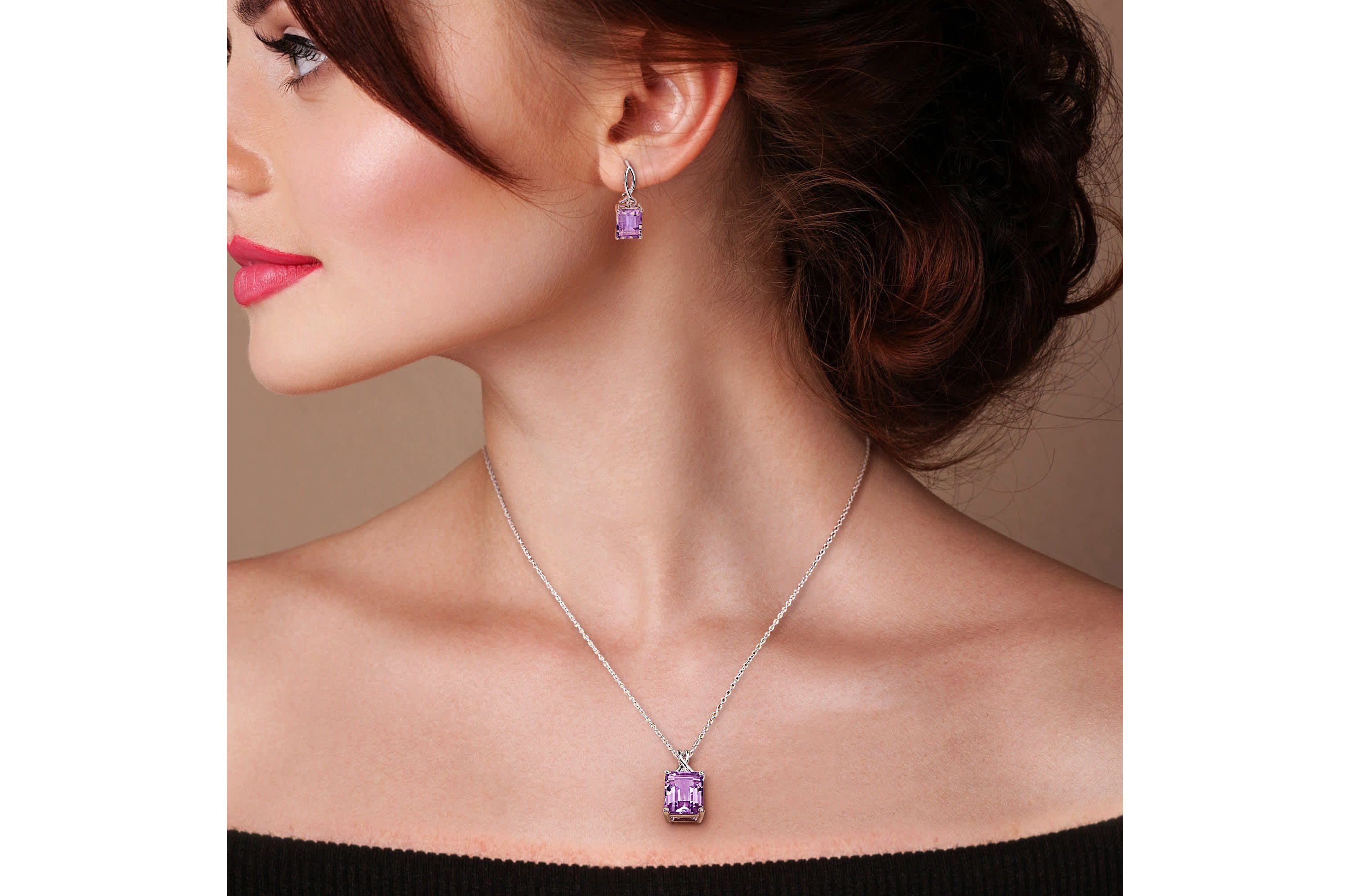 2-Pc Set of Amethyst & White Topaz Twisted Solitaire Earrings & Pendant with Chain in Sterling Silver