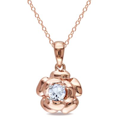 Belk & Co Lab Created White Sapphire Floral Solitaire Pendant with Chain in Rose Plated Sterling Silver, Pink