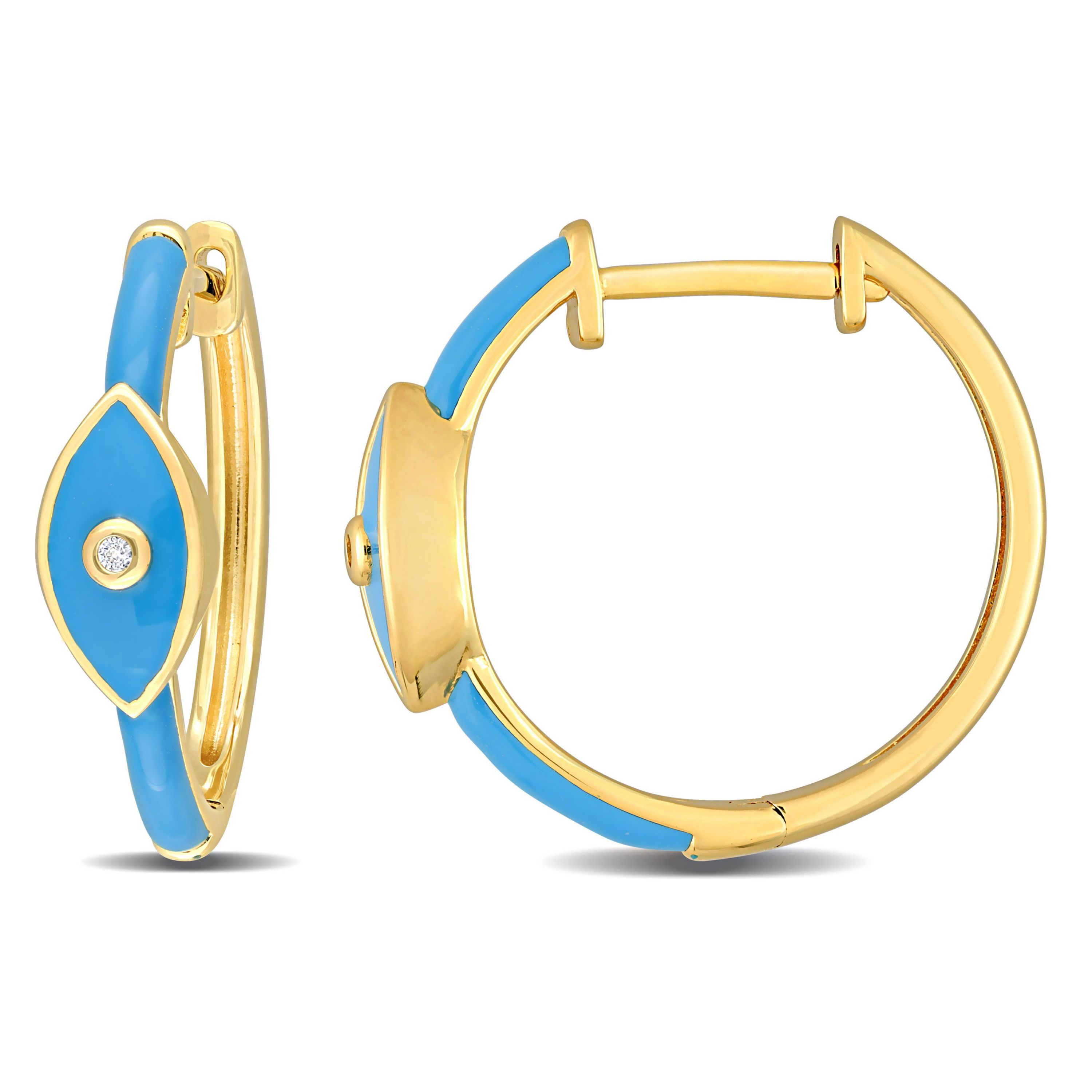 Lab Created Created White Sapphire Evil Eye Enamel Hoop Earrings in Yellow Plated Sterling Silver