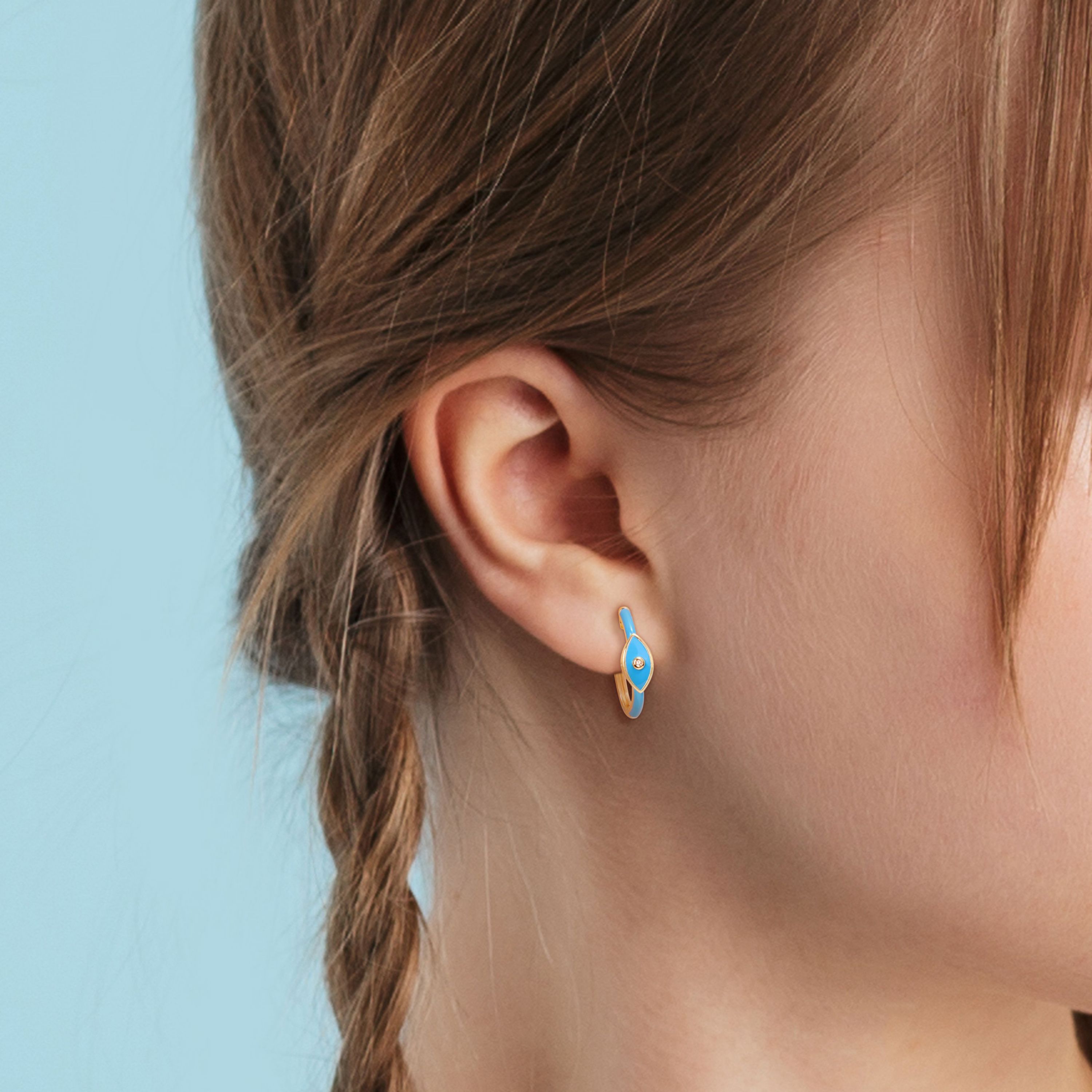 Lab Created Created White Sapphire Evil Eye Enamel Hoop Earrings in Yellow Plated Sterling Silver