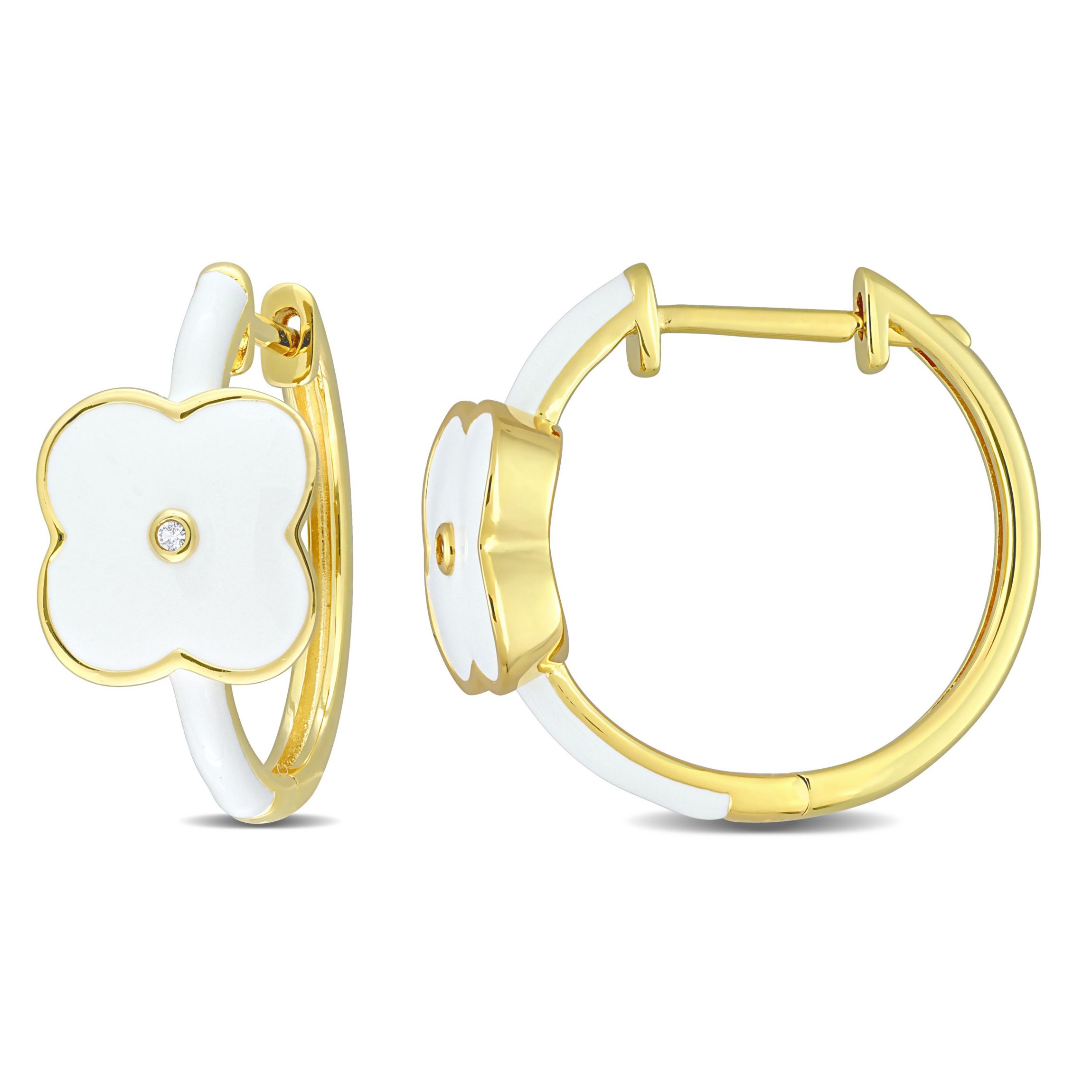 Lab Created Created White Sapphire Floral White Enamel Hoop Earrings in Yellow Plated Sterling Silver