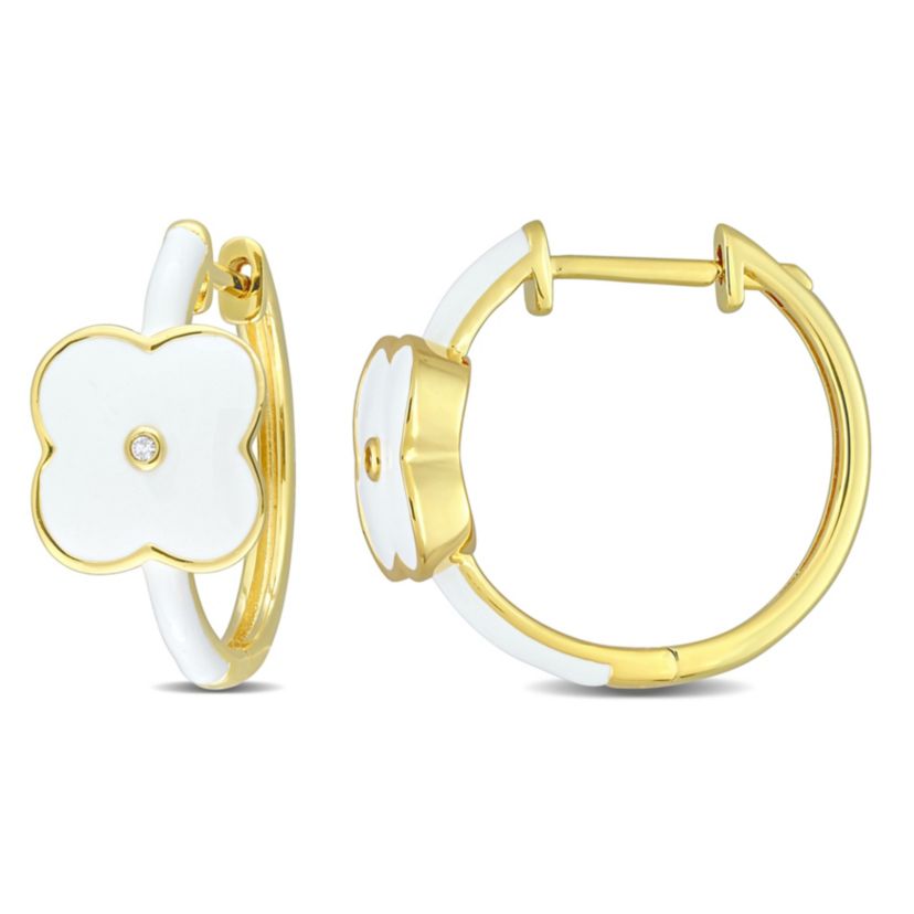 Lab Created Created White Sapphire Floral White Enamel Hoop Earrings in Yellow Plated Sterling Silver