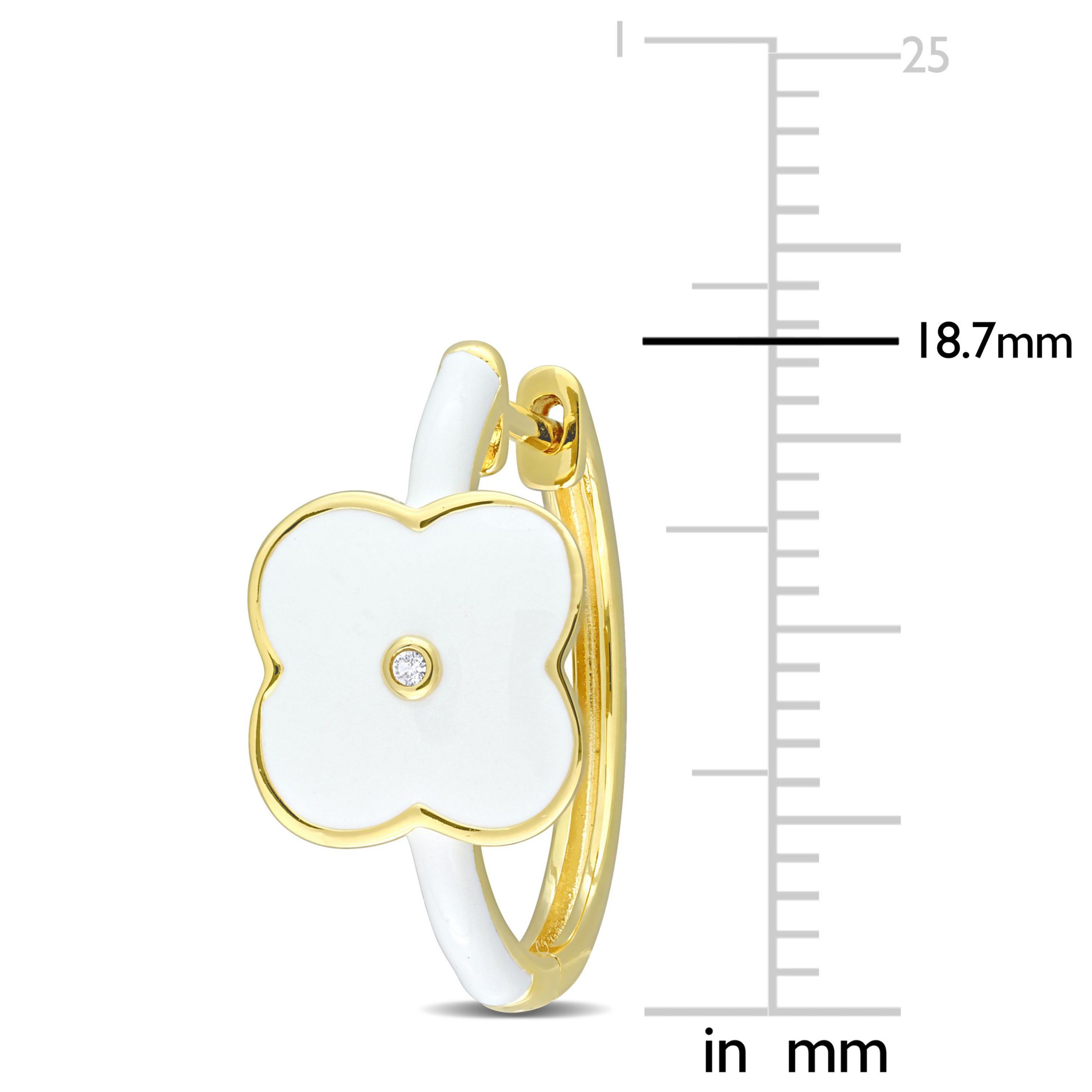 Lab Created Created White Sapphire Floral White Enamel Hoop Earrings in Yellow Plated Sterling Silver