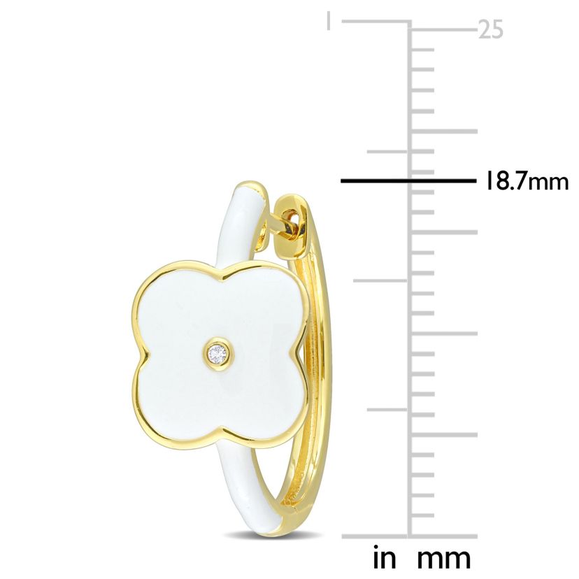 Lab Created Created White Sapphire Floral White Enamel Hoop Earrings in Yellow Plated Sterling Silver