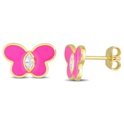 Belk & Co Lab Created White Sapphire Butterfly Pink Enamel Stud Earrings in Yellow Plated Sterling Silver