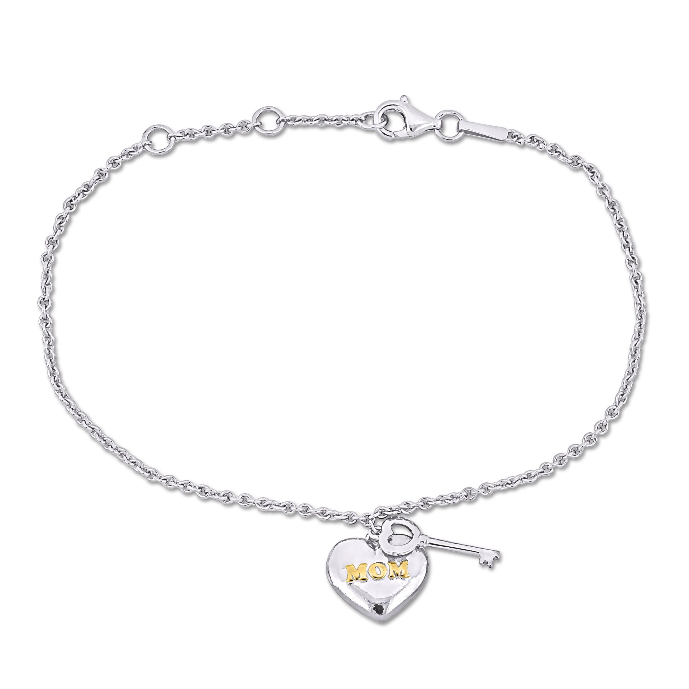 Mom Heart & Key Charm Bracelet in 18K Yellow Gold Plated Sterling Silver