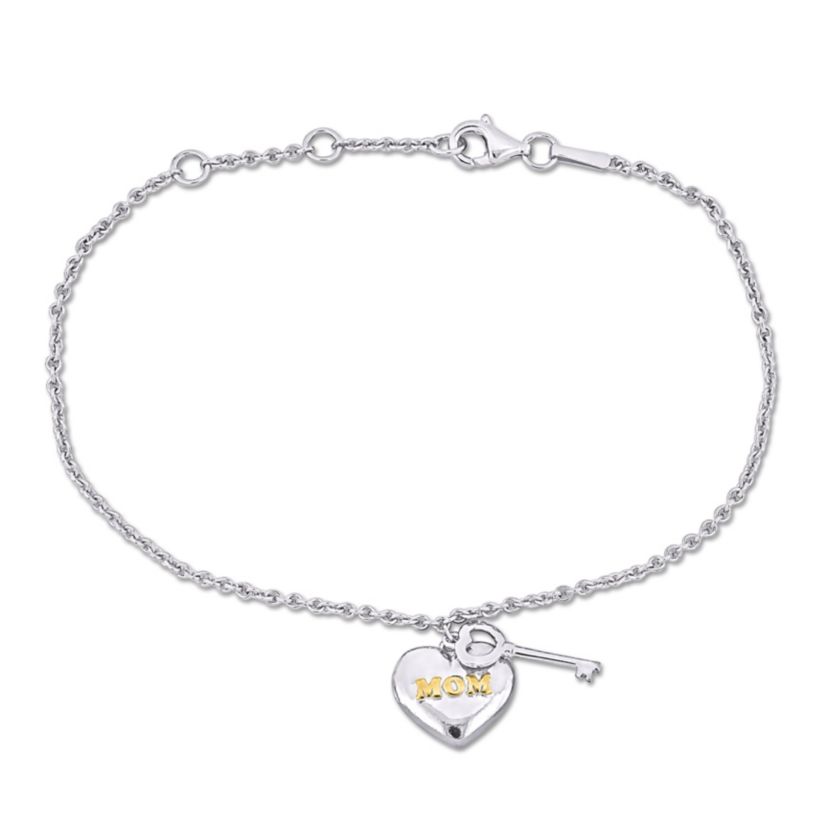 Mom Heart & Key Charm Bracelet in 18K Yellow Gold Plated Sterling Silver