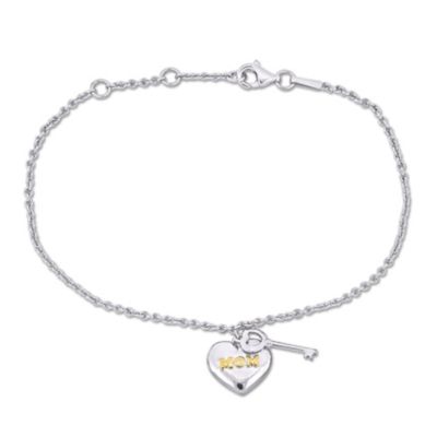 Haylee Jewels "Mom" Heart & Key Charm Bracelet in 2-Tone 18K Yellow Gold Plated Sterling Silver