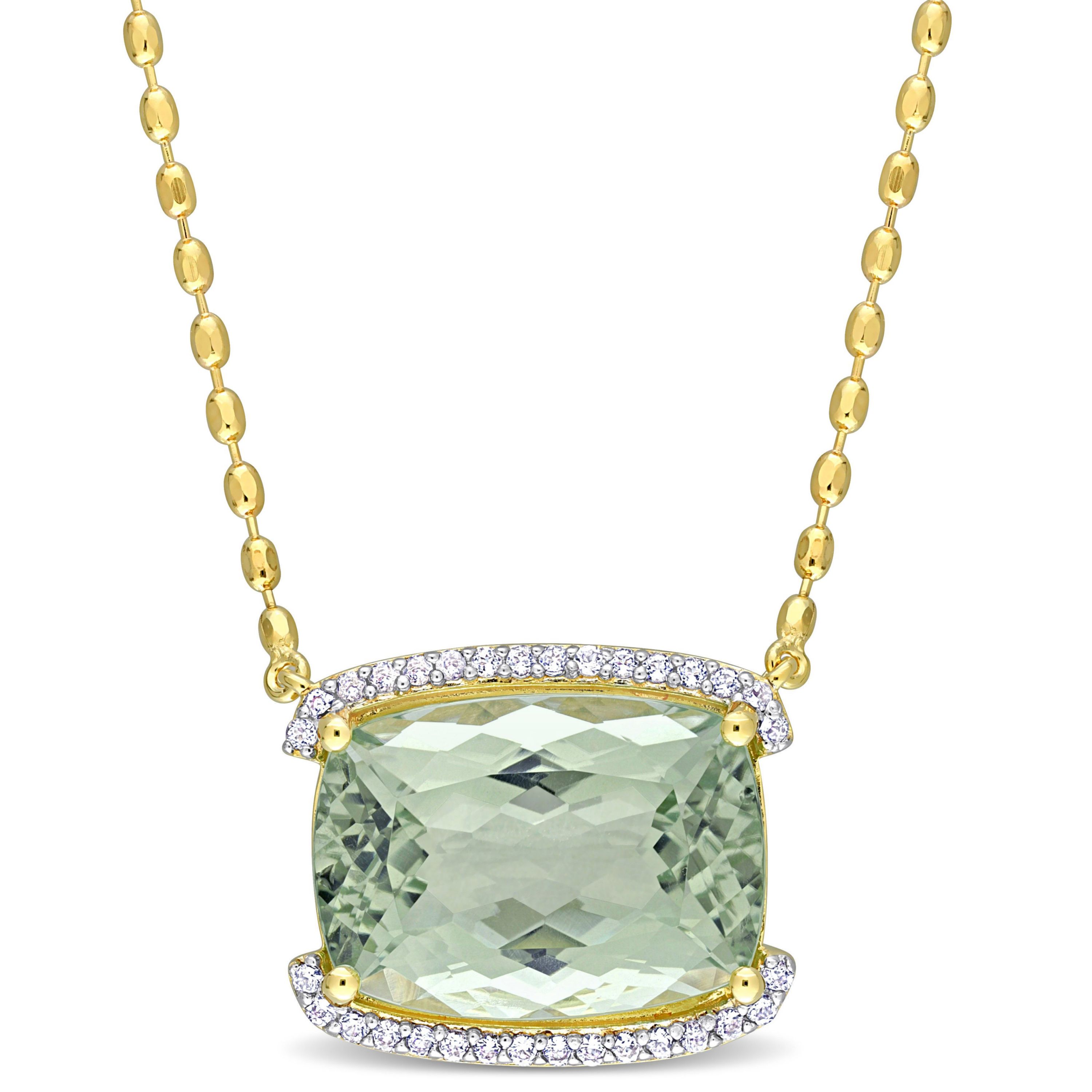 Green Quartz and White Topaz Semi-Halo Necklace with Chain in Yellow Plated Sterling Silver