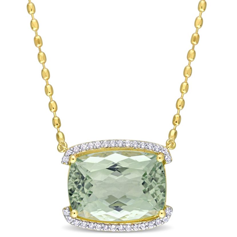 Green Quartz and White Topaz Semi-Halo Necklace with Chain in Yellow Plated Sterling Silver