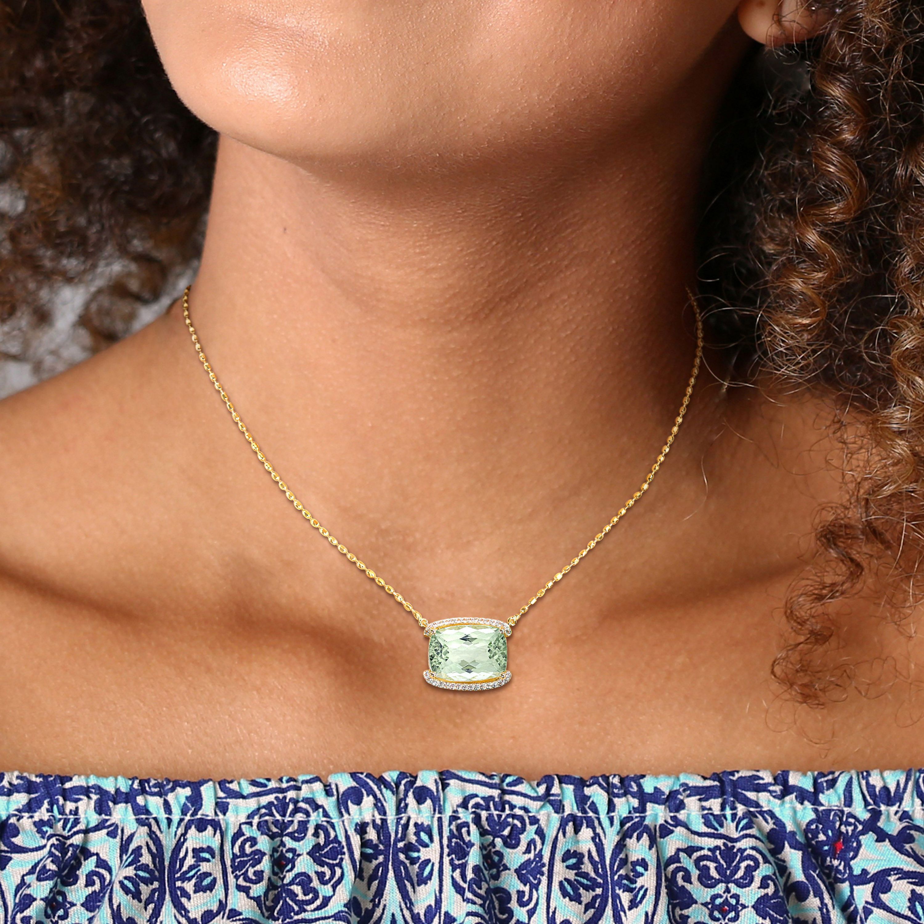 Green Quartz and White Topaz Semi-Halo Necklace with Chain in Yellow Plated Sterling Silver