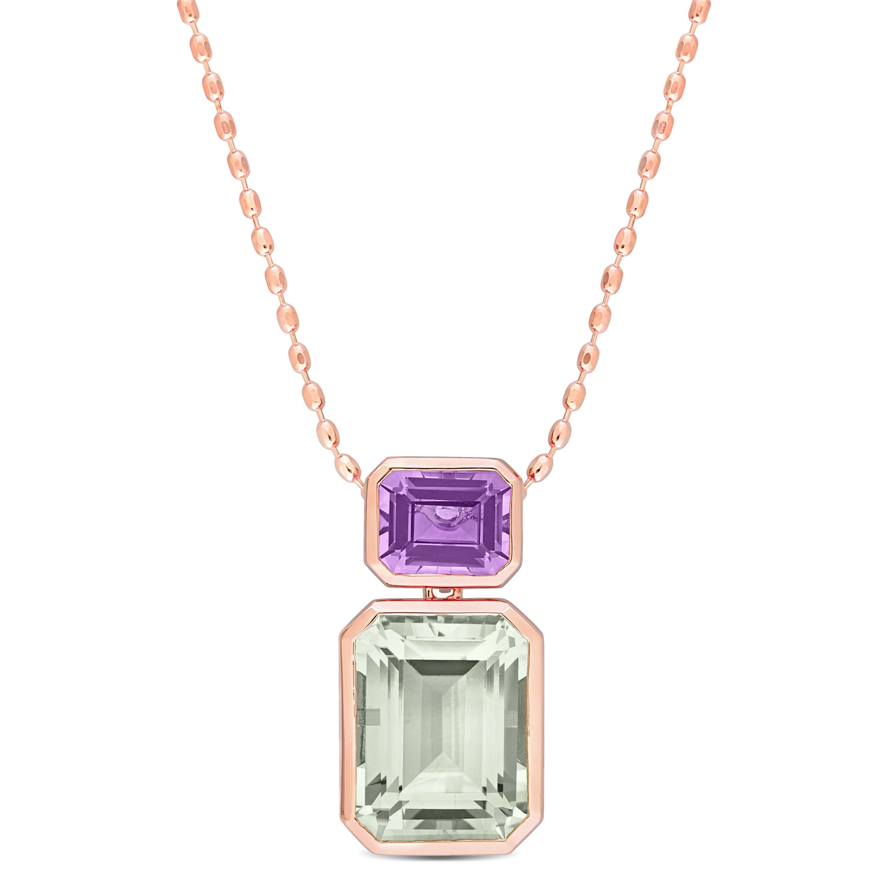 Green Quartz and Rose de France Necklace with Chain in Rose Plated Sterling Silver