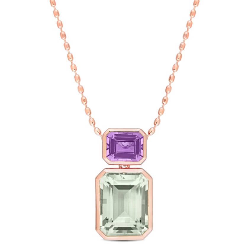 Green Quartz and Rose de France Necklace with Chain in Rose Plated Sterling Silver