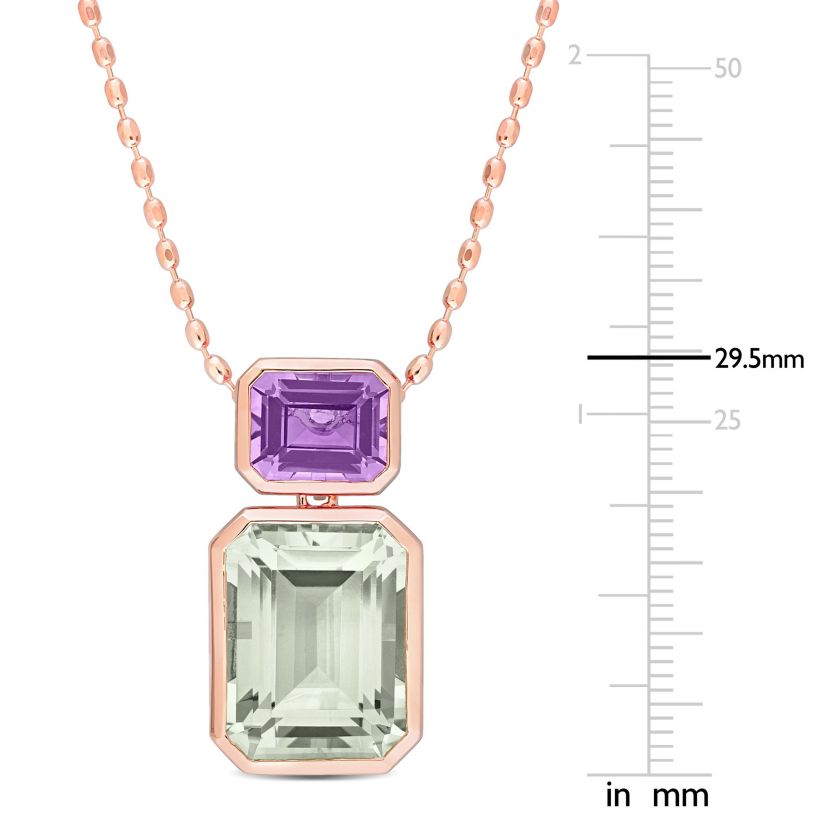 Green Quartz and Rose de France Necklace with Chain in Rose Plated Sterling Silver