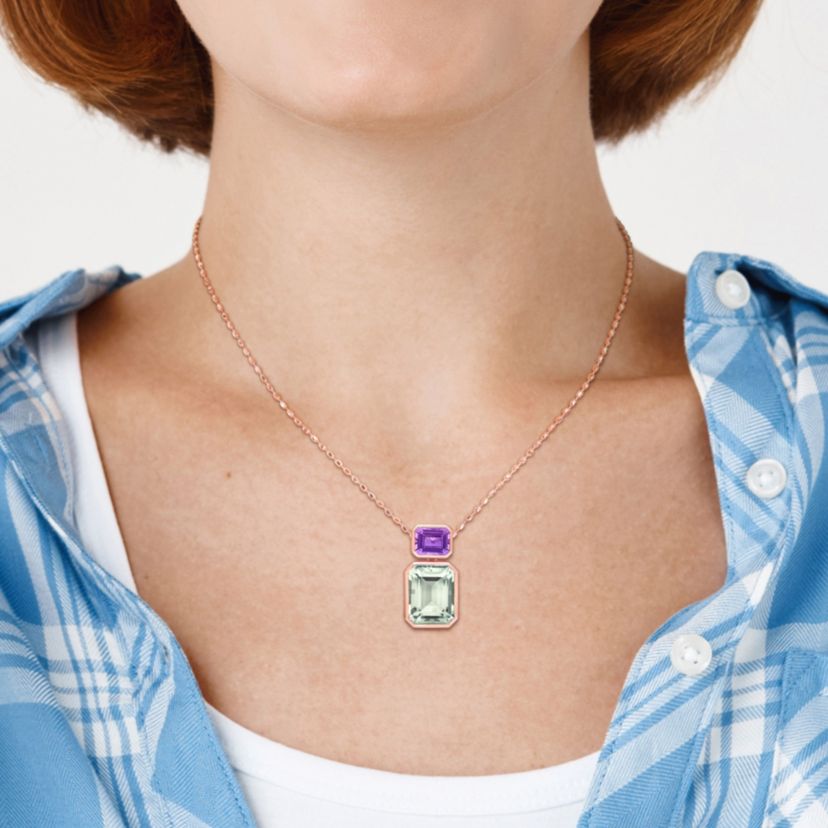 Green Quartz and Rose de France Necklace with Chain in Rose Plated Sterling Silver