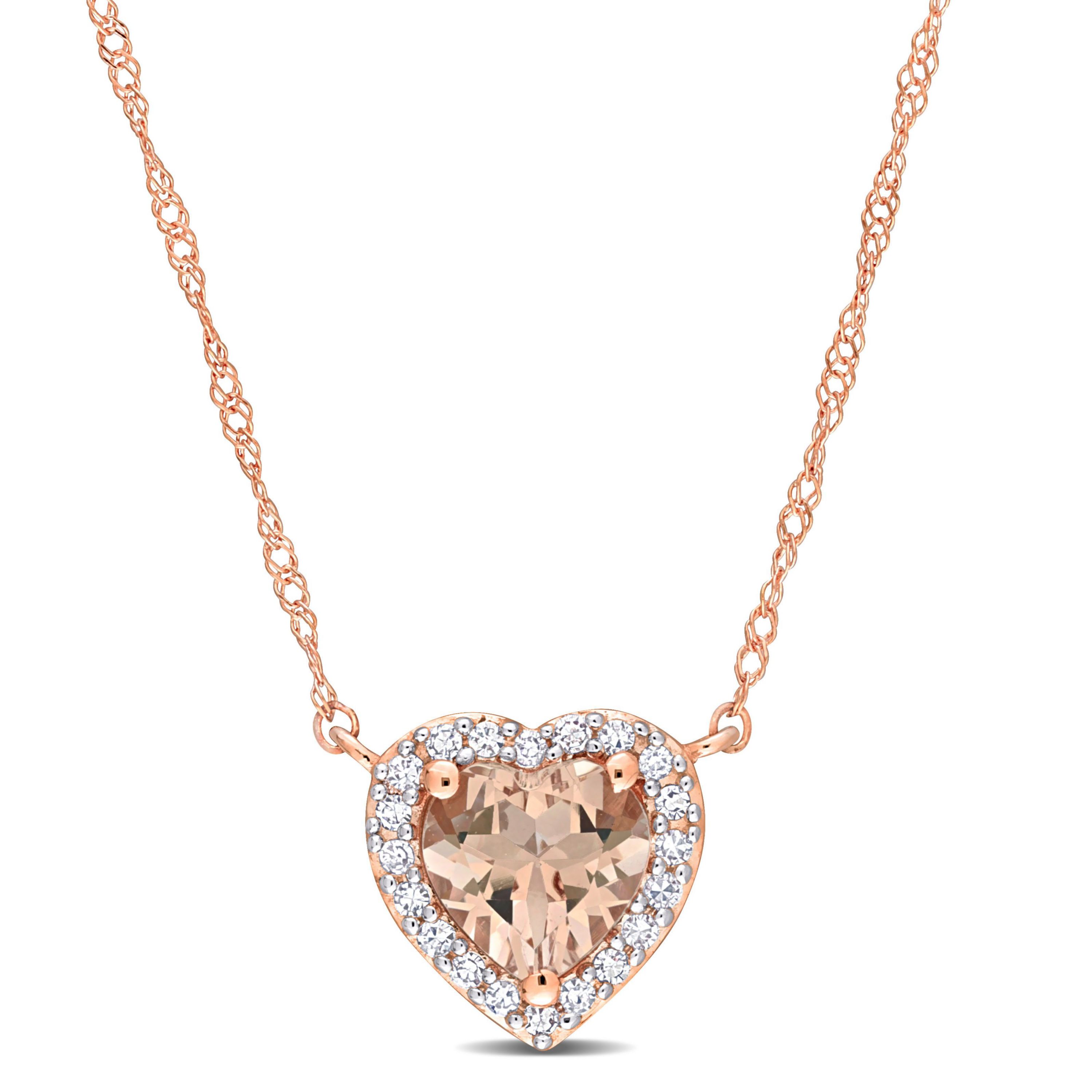 Morganite and 1/10 ct. t.w. Diamond Halo Heart Pendant with Chain in 14K Rose Gold