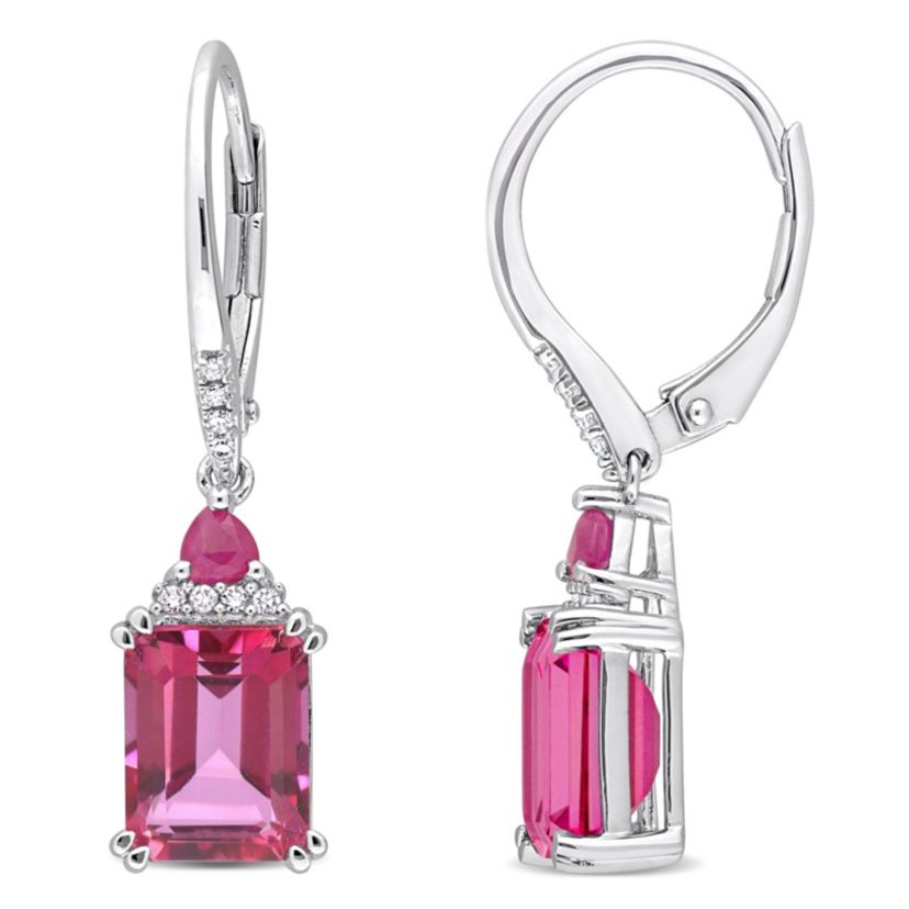 Pink Topaz, Ruby and 1/10 ct. t.w. Diamond Dangle Earrings in Sterling Silver
