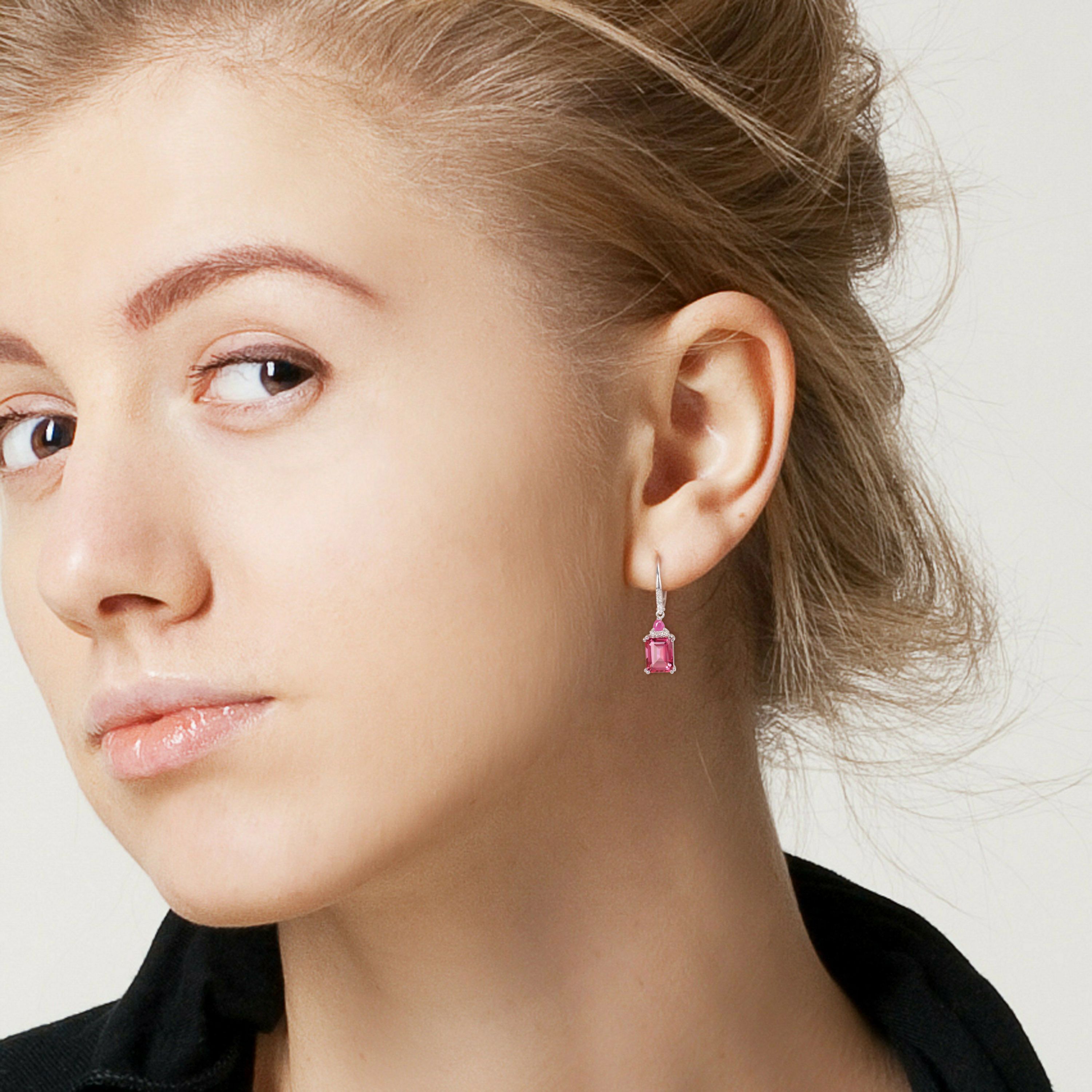 Pink Topaz, Ruby and 1/10 ct. t.w. Diamond Dangle Earrings in Sterling Silver