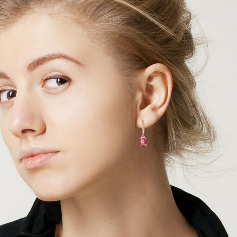 Pink Topaz, Ruby and 1/10 ct. t.w. Diamond Dangle Earrings in Sterling Silver