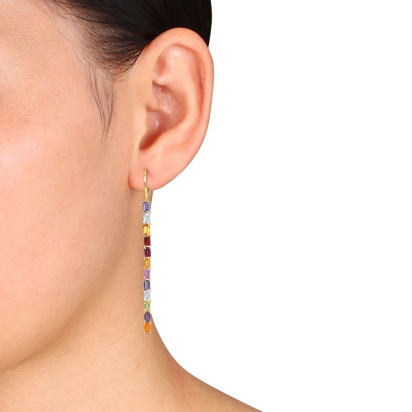Multi-Color Gemstone Dangle Drop Earrings in 14K Yellow Gold