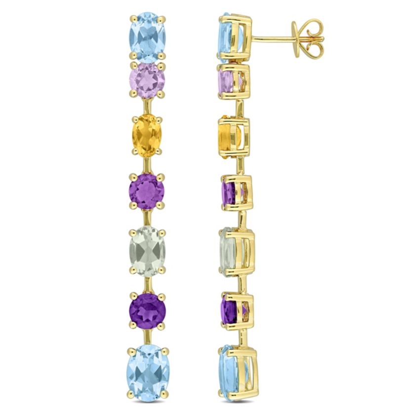 Multi-Color Gemstone Linear Drop Earrings 14K Yellow Gold