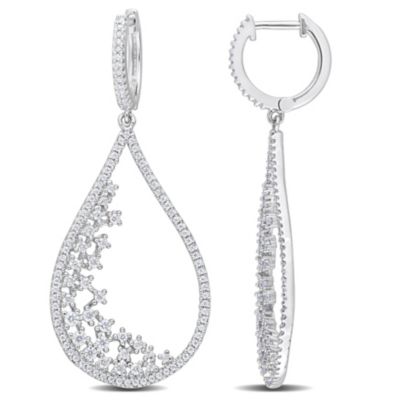Belk & Co Lab Created Moissanite Filigree Design Teardrop Hoop Earrings in Platinum Plated Sterling Silver, White