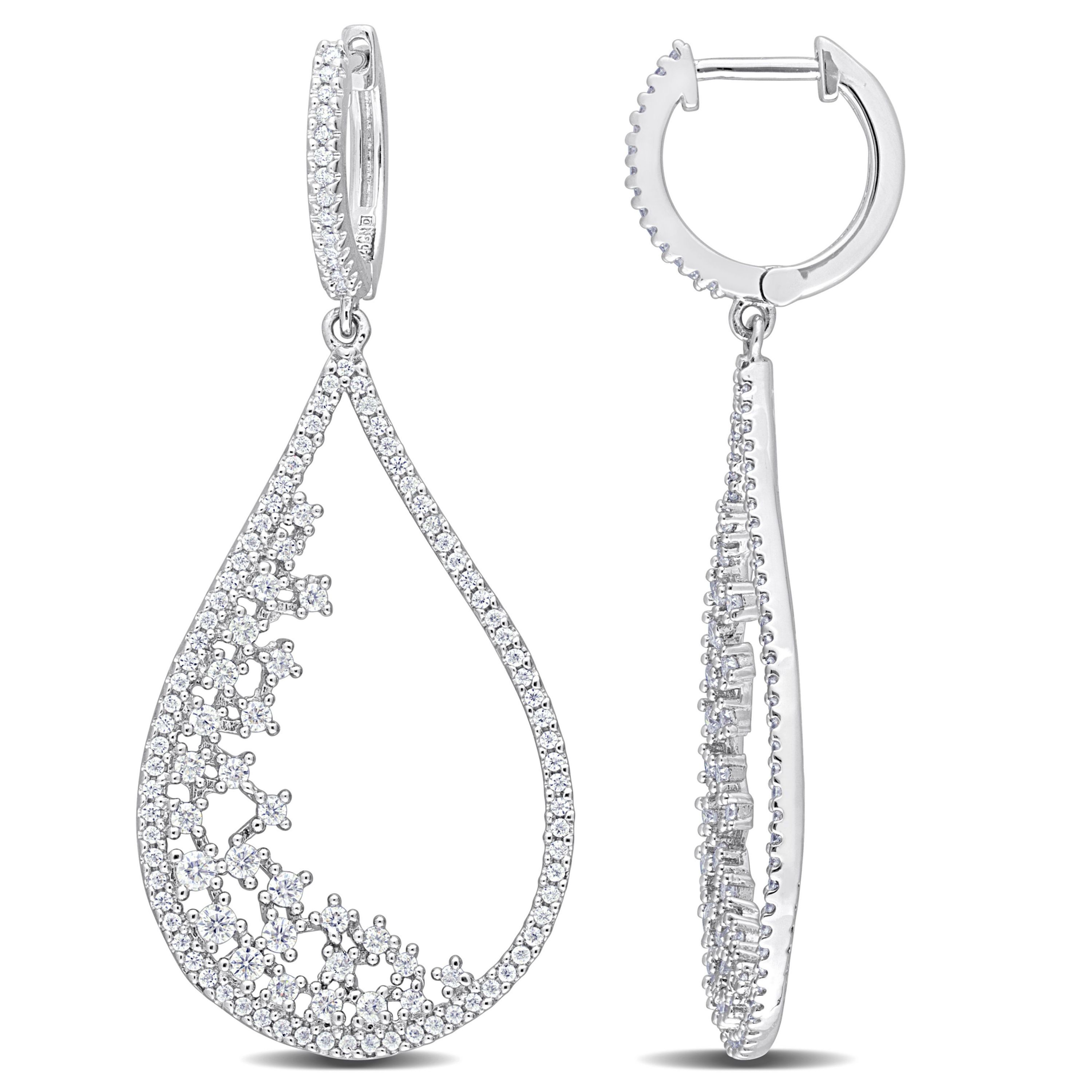 Lab Created Created Moissanite Filigree Design Teardrop Hoop Earrings in Platinum Plated Sterling Silver
