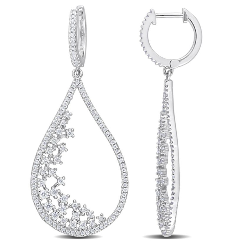 Lab Created Created Moissanite Filigree Design Teardrop Hoop Earrings in Platinum Plated Sterling Silver