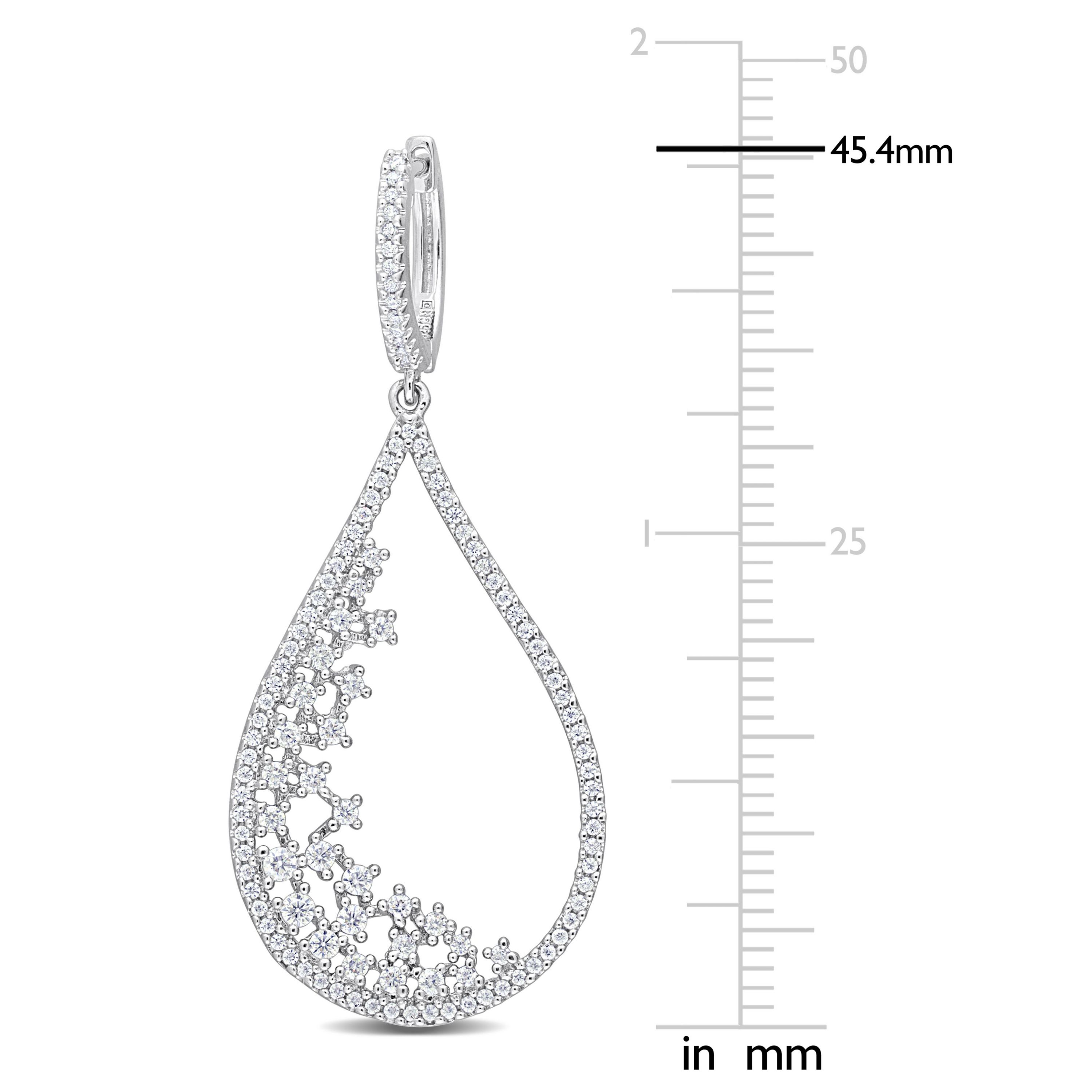 Lab Created Created Moissanite Filigree Design Teardrop Hoop Earrings in Platinum Plated Sterling Silver
