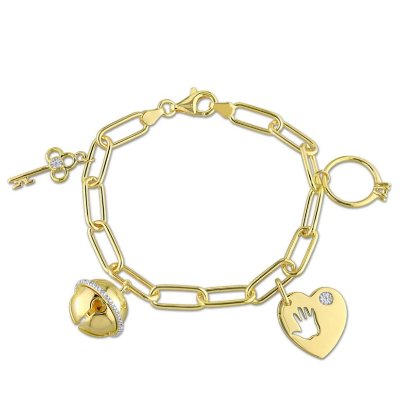 1/8 ct. t.w. Diamond Charm Oval Link Chain Bracelet in Yellow Plated Sterling Silver