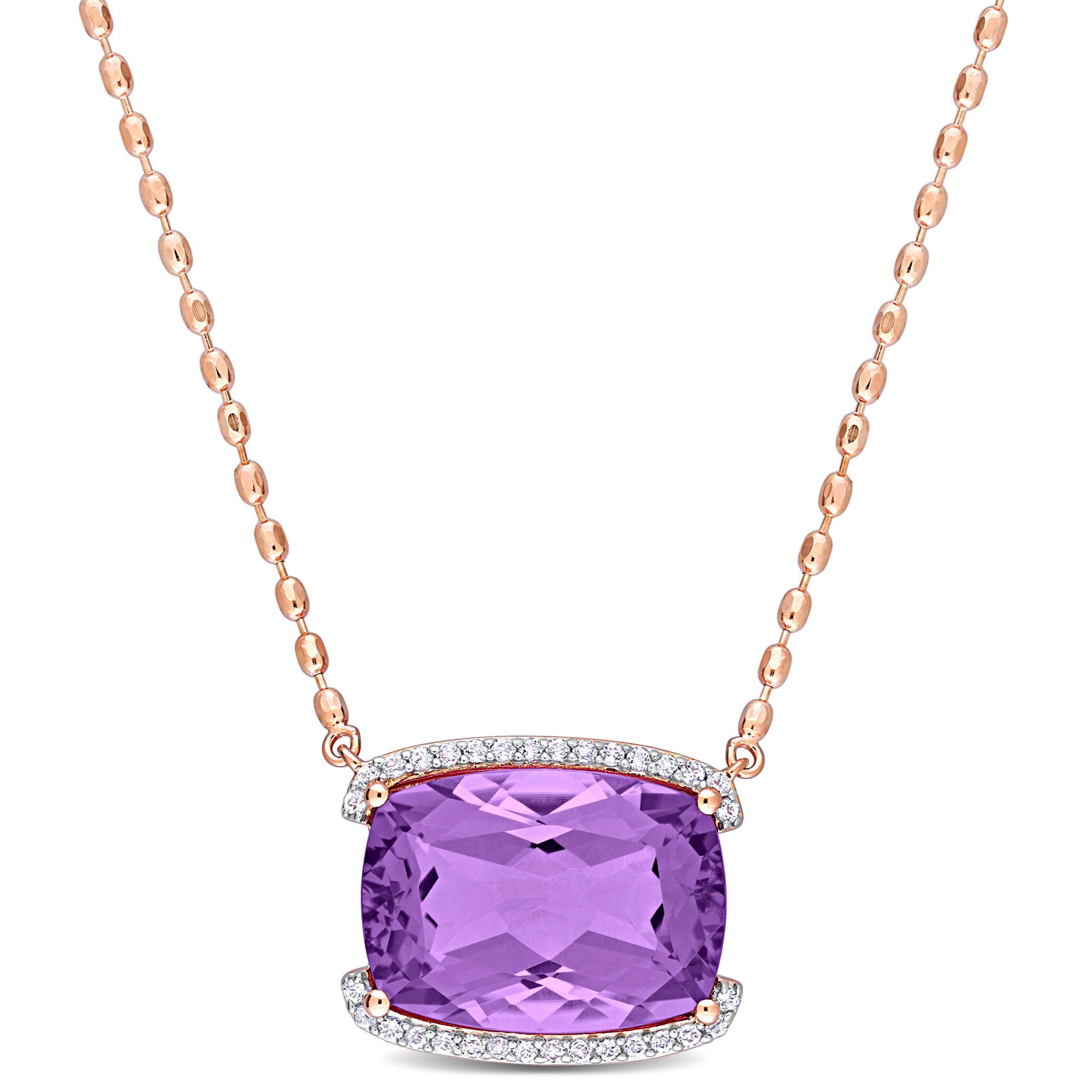 Rose de France and White Topaz Halo Pendant with Chain in Rose Plated Sterling Silver