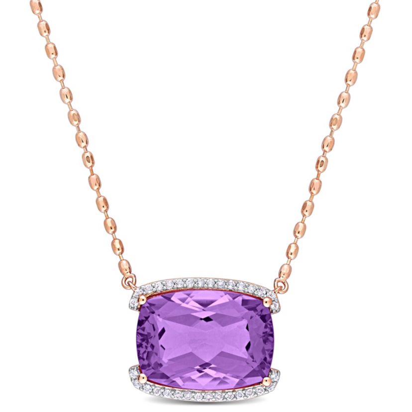 Rose de France and White Topaz Halo Pendant with Chain in Rose Plated Sterling Silver
