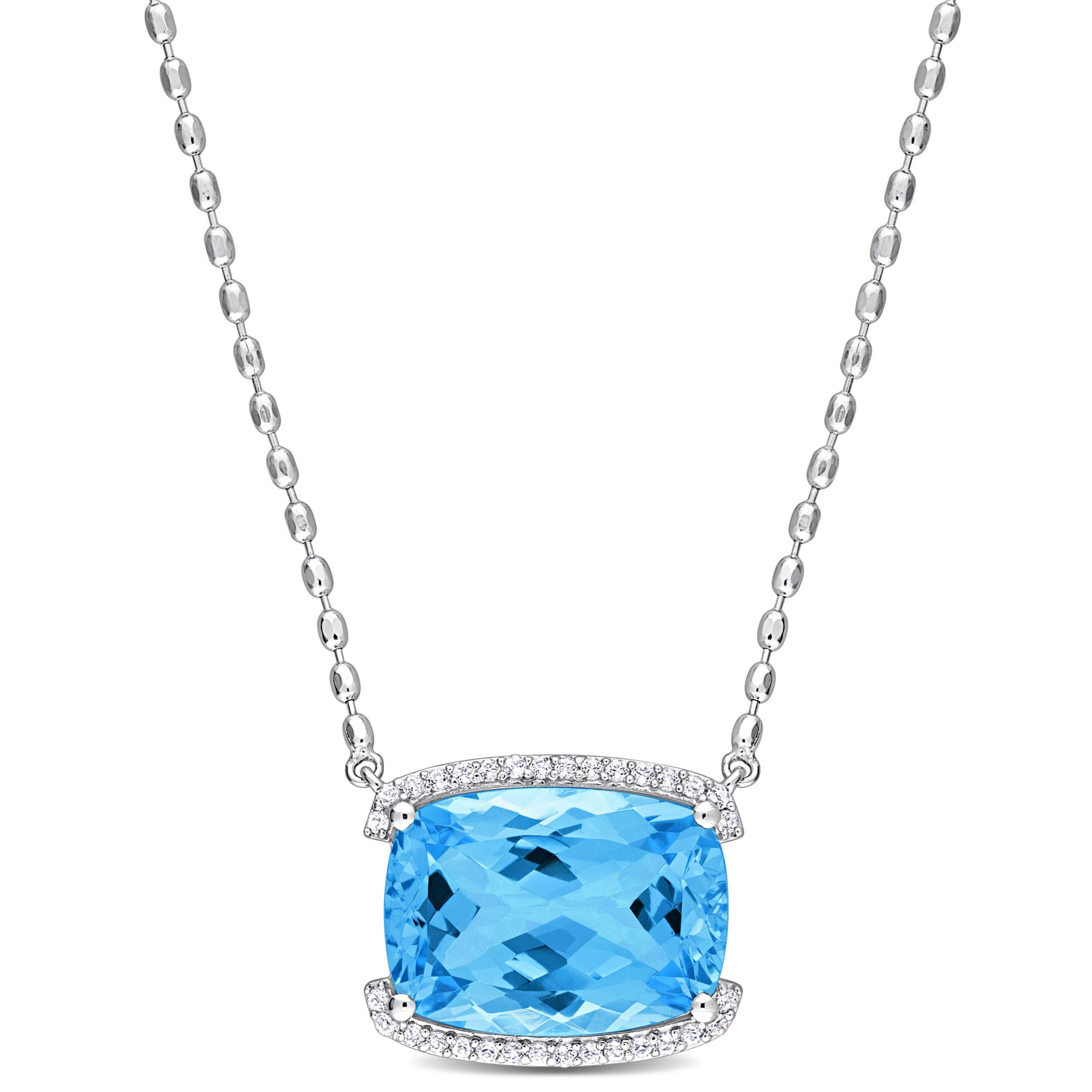 Sky Blue Topaz and White Topaz Halo Pendant with Chain in Sterling Silver