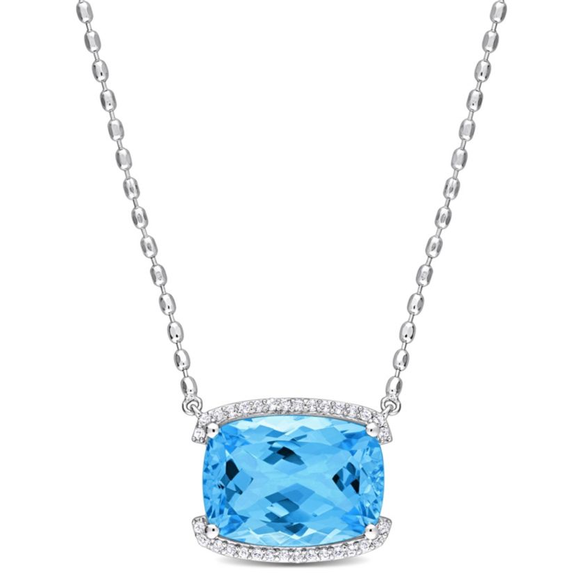 Sky Blue Topaz and White Topaz Halo Pendant with Chain in Sterling Silver