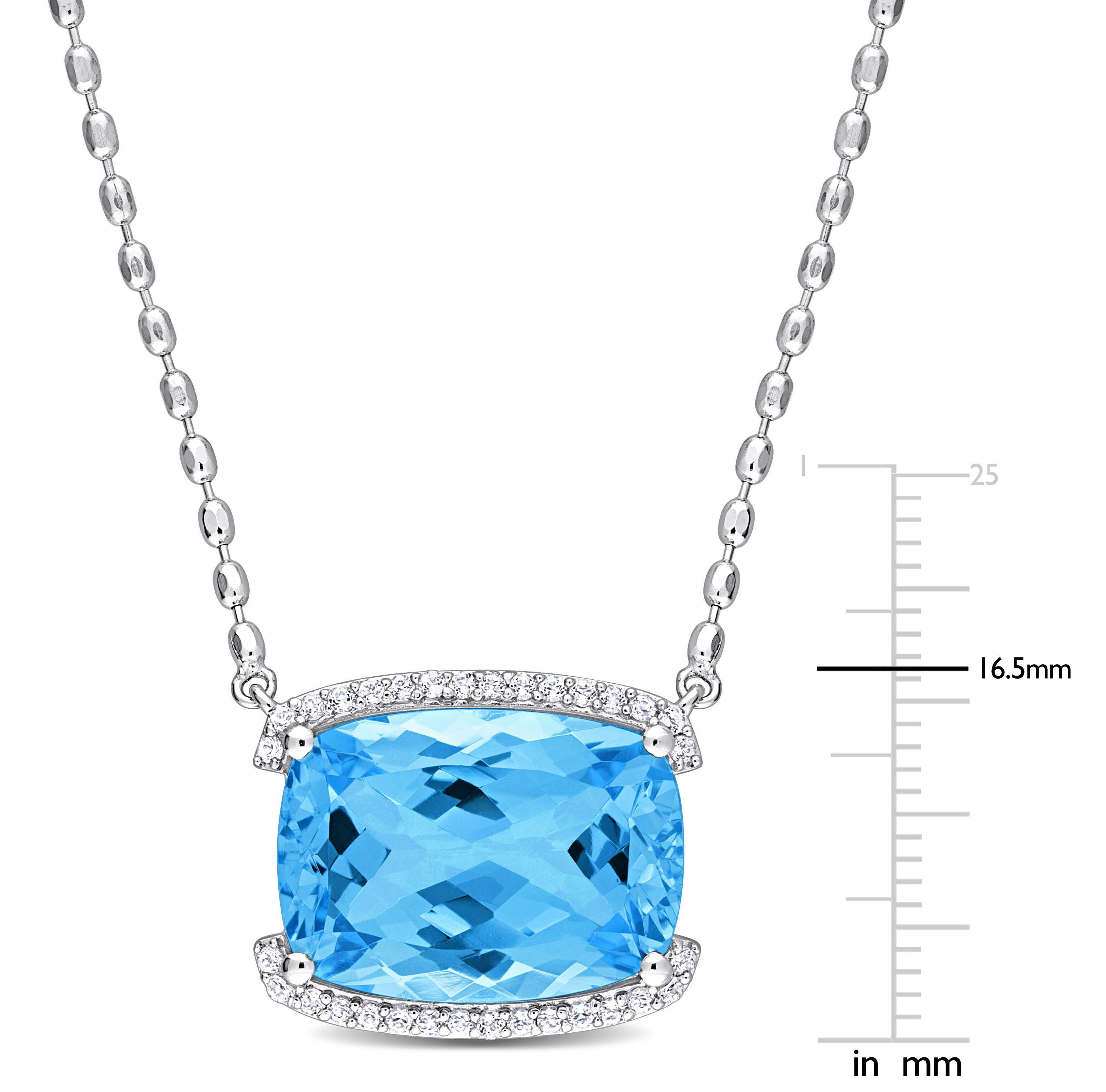 Sky Blue Topaz and White Topaz Halo Pendant with Chain in Sterling Silver