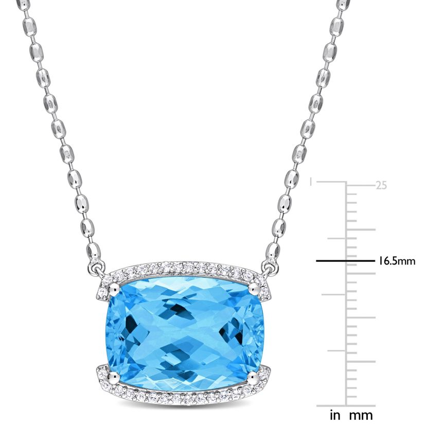 Sky Blue Topaz and White Topaz Halo Pendant with Chain in Sterling Silver