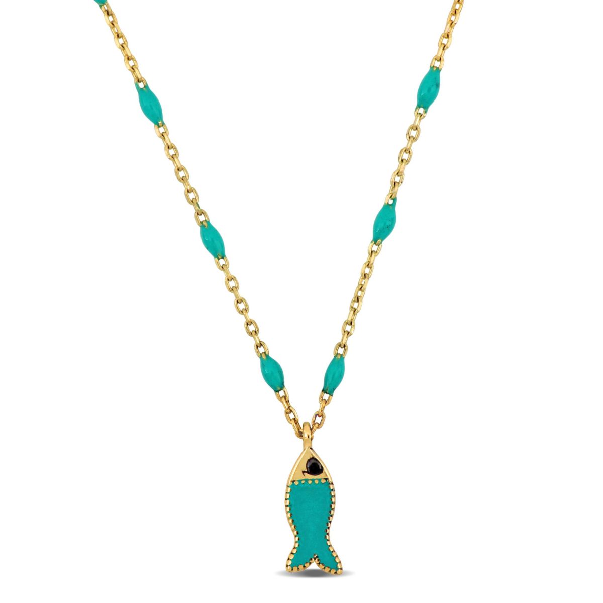 Green Enamel Fish Necklace in 14K Yellow Gold