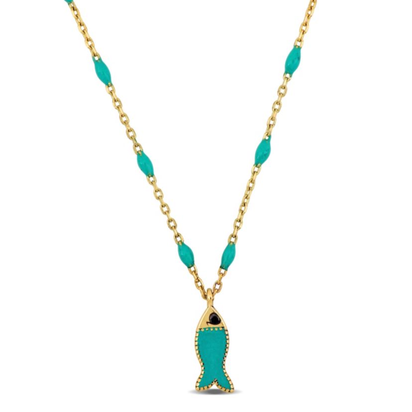Green Enamel Fish Necklace in 14K Yellow Gold