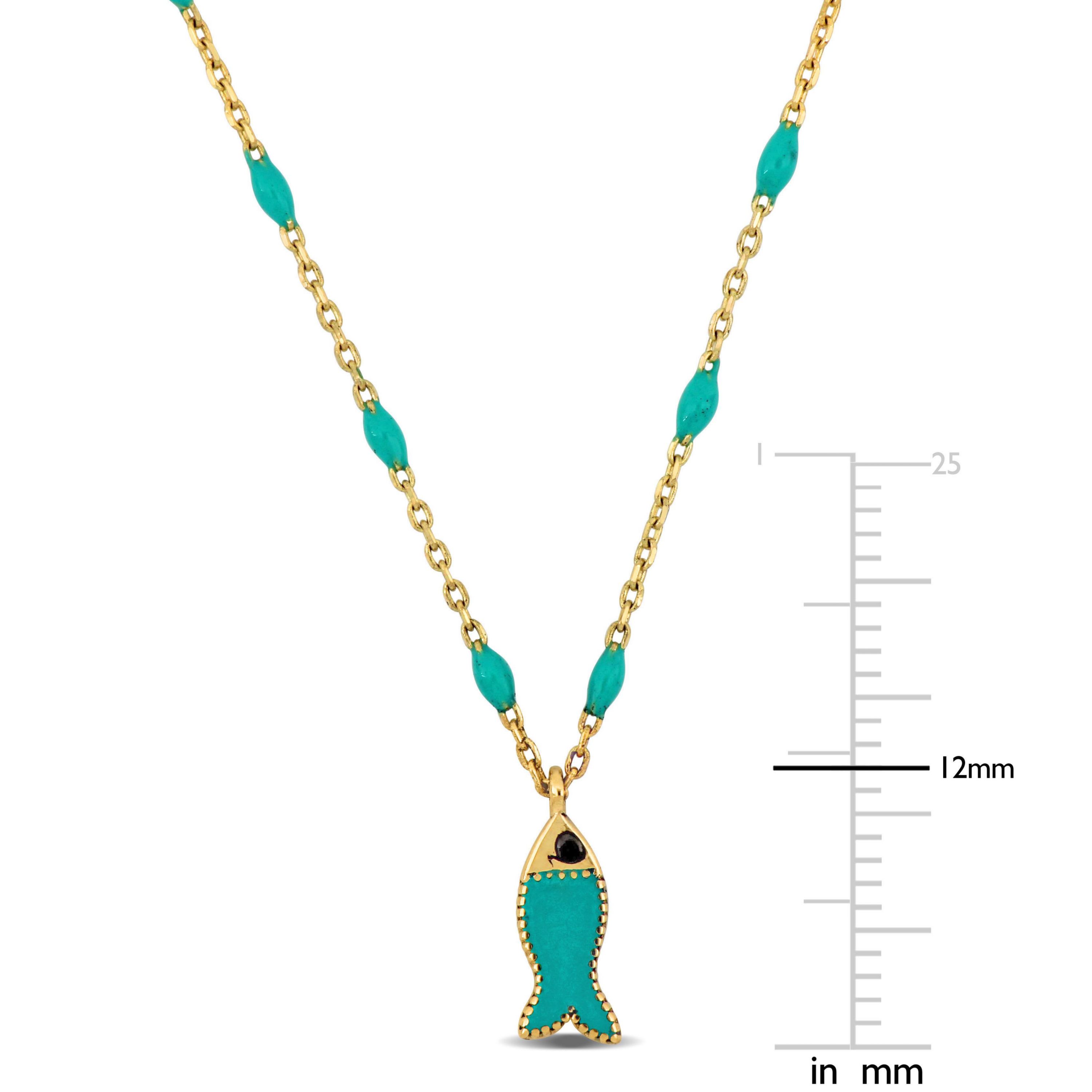 Green Enamel Fish Necklace in 14K Yellow Gold