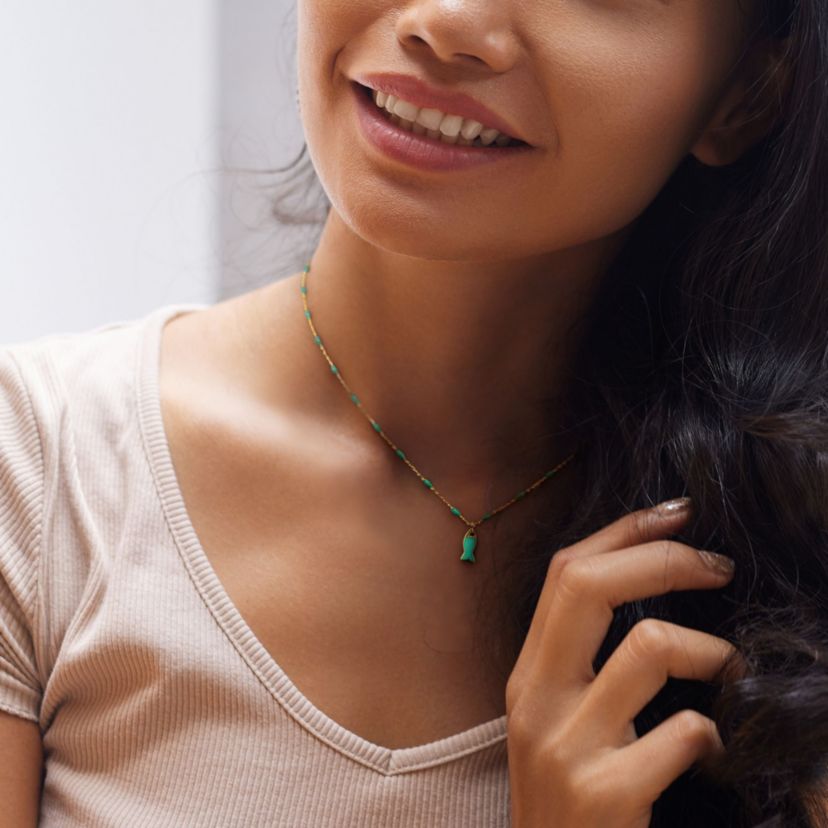 Green Enamel Fish Necklace in 14K Yellow Gold