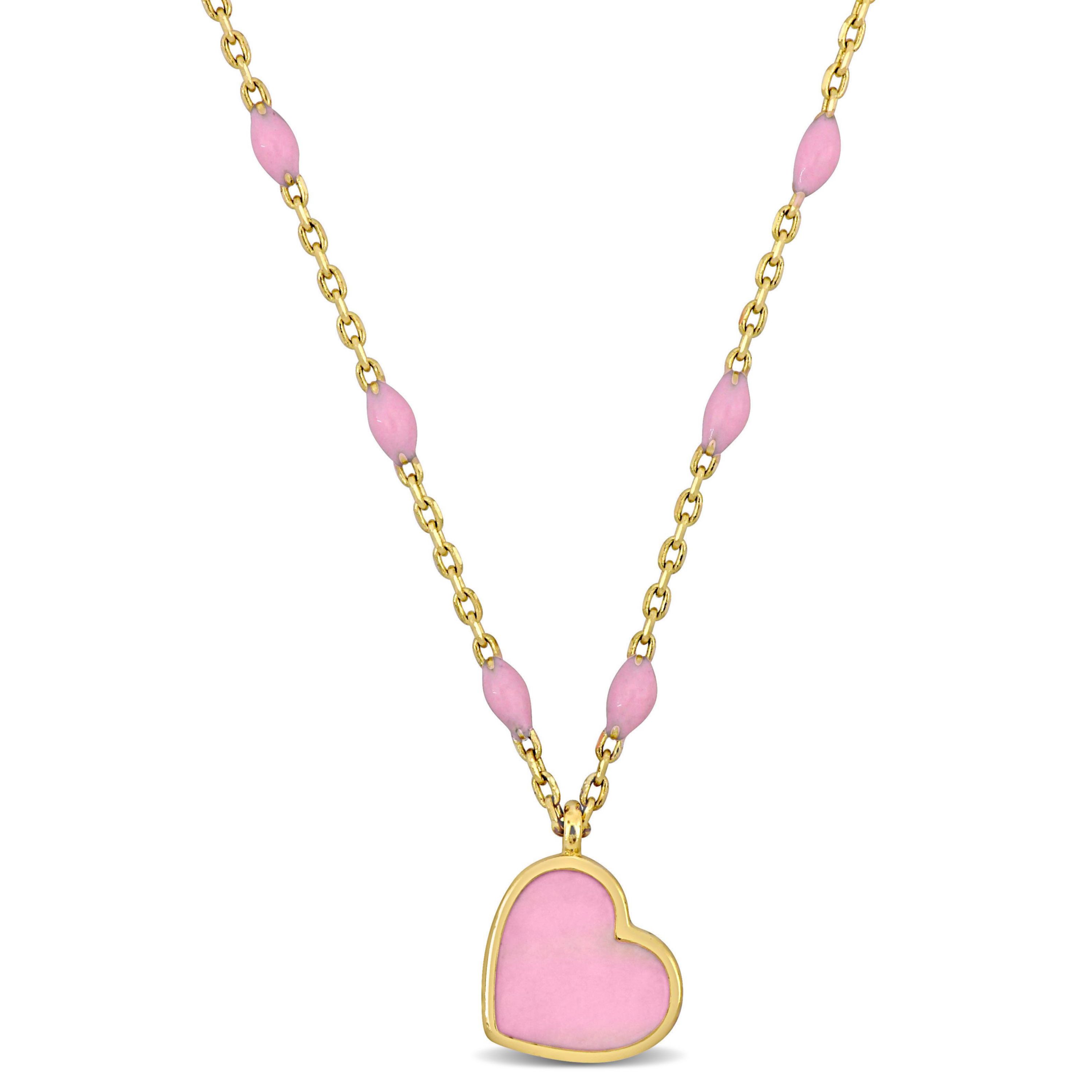 Pink Enamel Heart Necklace in 14K Yellow Gold