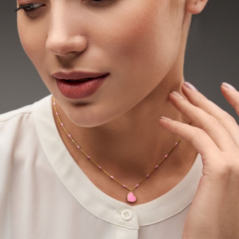 Pink Enamel Heart Necklace in 14K Yellow Gold