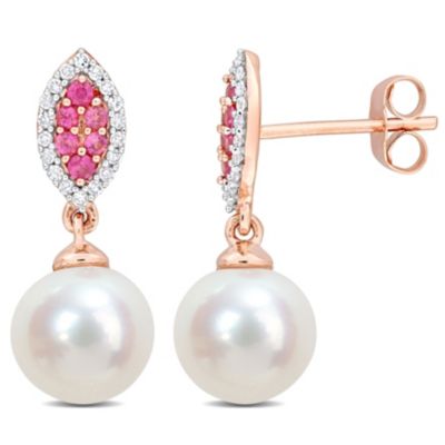 Belk & Co 8MM Freshwater Cultured Pearl and Pink Sapphire with 1/7 ct. t.w. Diamond Halo Drop Earrings in 14K Rose Gold