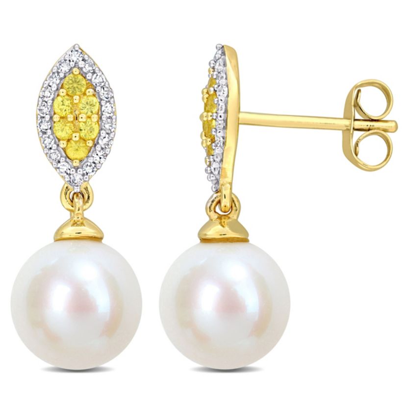 8MM Freshwater Cultured Pearl and Yellow Sapphire with 1/7 ct. t.w. Diamond Halo Drop Earrings in 14K Yellow Gold
