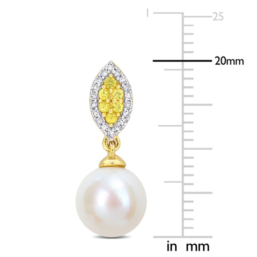 8MM Freshwater Cultured Pearl and Yellow Sapphire with 1/7 ct. t.w. Diamond Halo Drop Earrings in 14K Yellow Gold