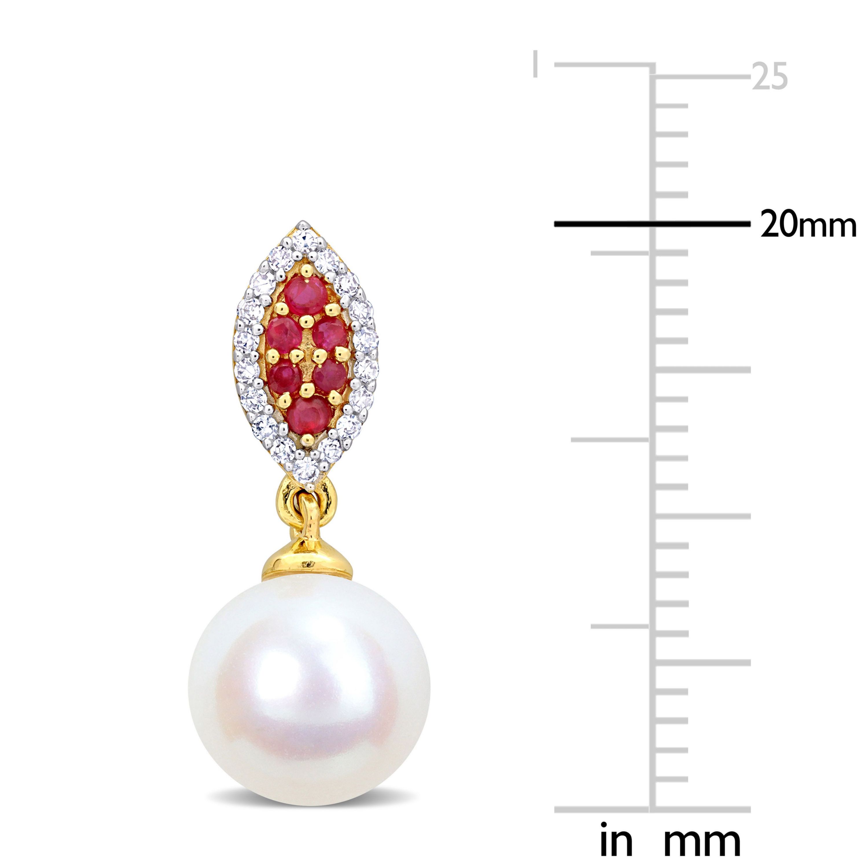 8MM Freshwater Cultured Pearl and Ruby with 1/7 ct. t.w. Diamond Halo Drop Earrings in 14K Yellow Gold